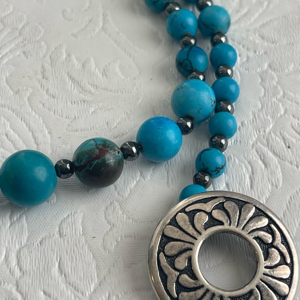 Vintage Persian Turquoise Graduated Bead Strand 22” Necklace Pendant Marked 96g - Picture 11 of 16